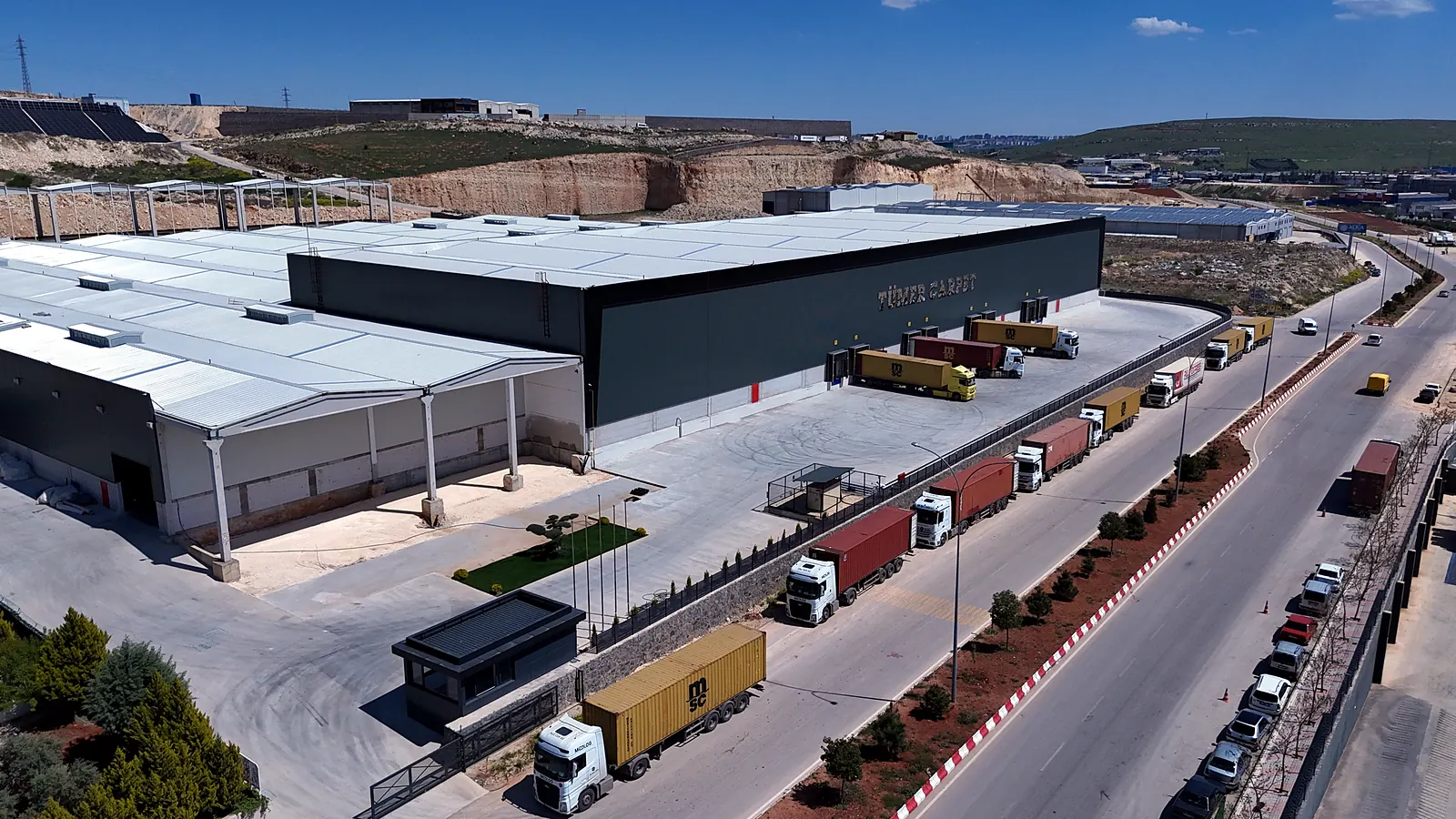Aerial view of the factory, warehouse and loading docks