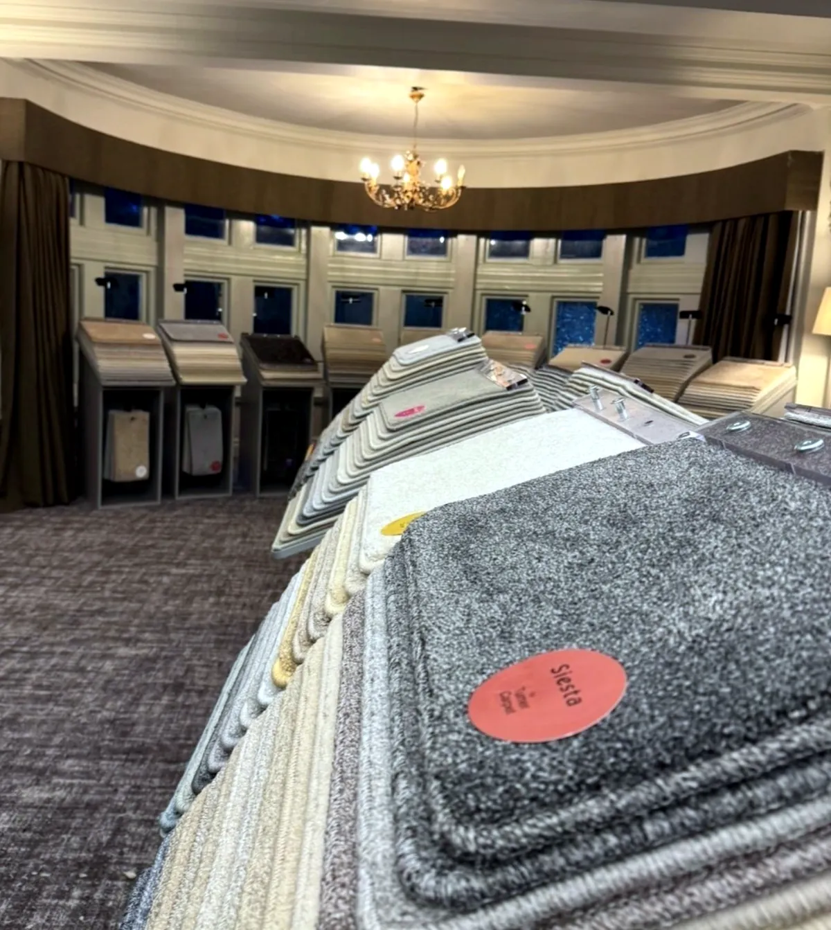 Siesta cut pile samples in the Harrogate Room