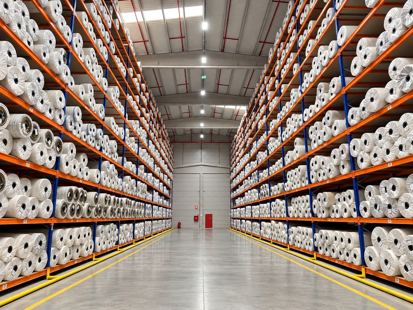 High-bay racking filled with finished carpet rolls
