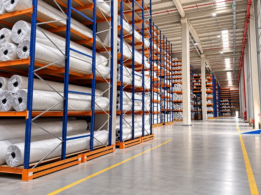 Racks of finished carpet rolls along a warehouse aisle