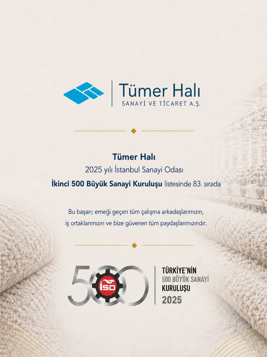 Tümer Carpet — ranked 83rd in the 2025 İSO Second 500 Largest Industrial Enterprises list